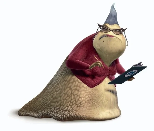 A slug person wearing a cardigan, holding a pencil and clipboard with the Monsters Inc. logo. She's wearing glasses and lipstick. Her grey hair is styled straight up, she has a mole on her bottom lip. She currently looks disgusted.