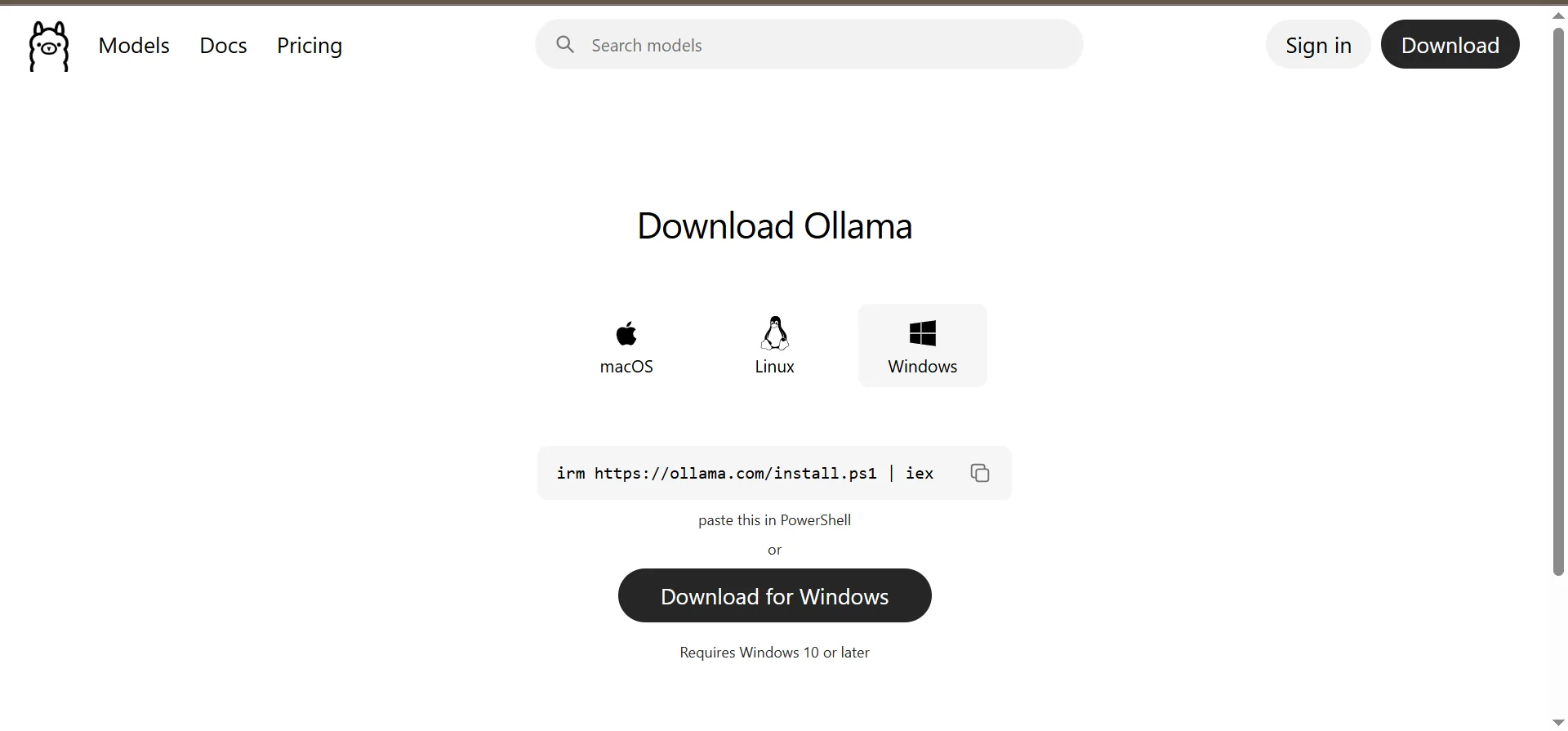 Screenshot of the Ollama download page showing macOS, Linux, and Windows options, with Windows selected and a PowerShell install command (irm https://ollama.com/install.ps1 | iex) plus a “Download for Windows” button (requires Windows 10 or later).
