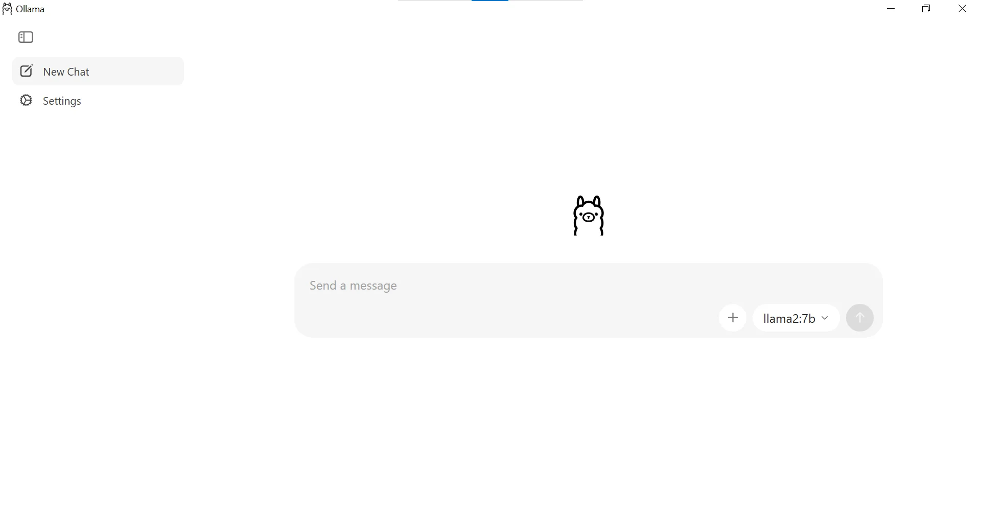 Screenshot of the Ollama desktop app interface showing the sidebar with “New Chat” and “Settings,” a blank chat area with a llama icon, a message input field, and the selected model set to “llama2:7b.”