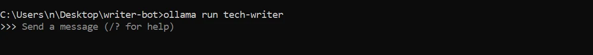 Screenshot of a command line interface showing the command ollama run tech-writer being executed. Below the command, an interactive prompt appears with the text ">>> Send a message (/? for help)," indicating the custom model is ready for use.
