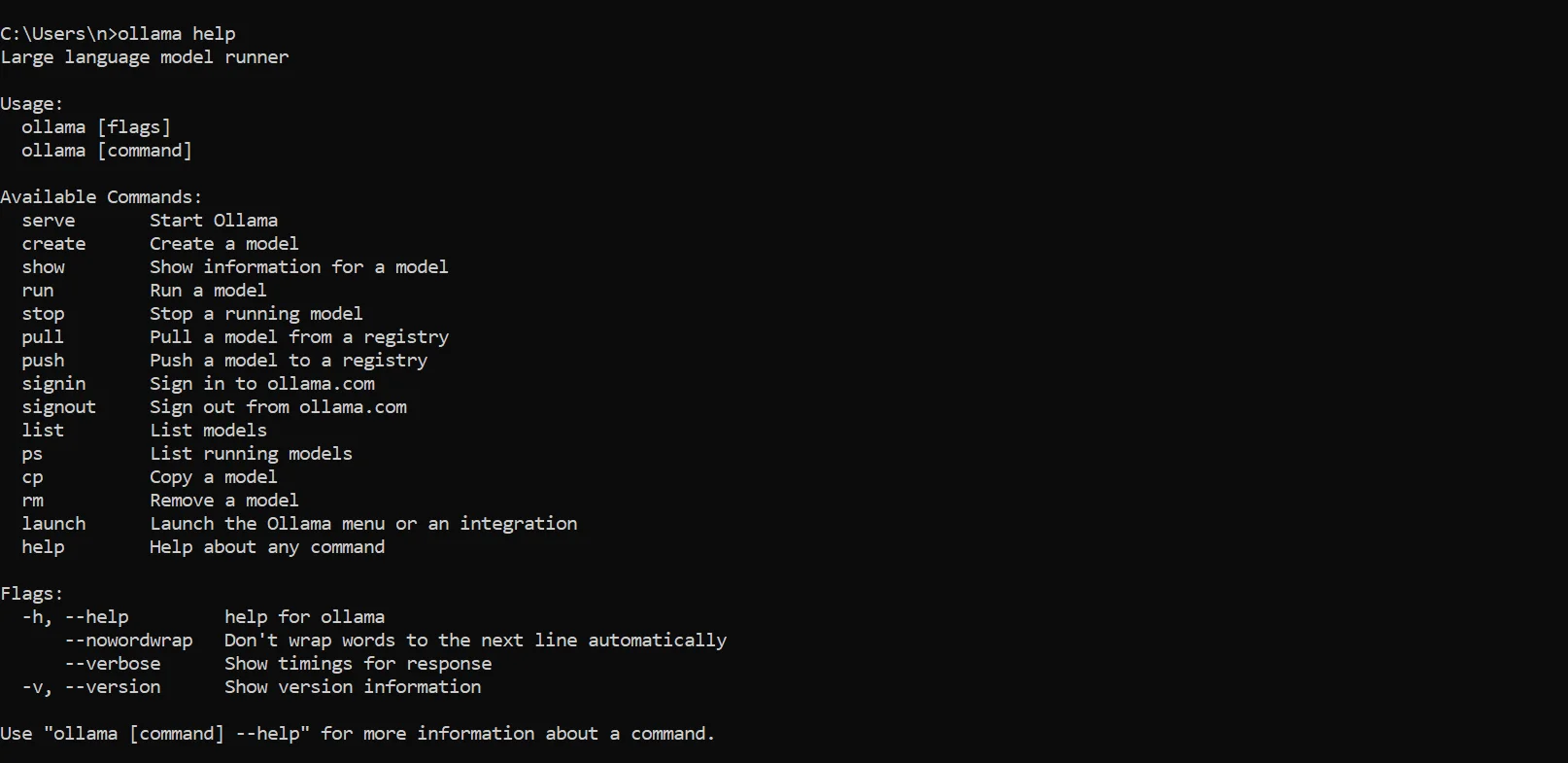 Screenshot of a command line interface on a dark background displays the help message for "ollama" with the title "Large language model runner". It includes sections for "Usage" and "Available Commands," listing options such as "serve," "create," "show," "run," "stop," "pull," and "list," with brief descriptions of each. The bottom of the screen displays "Flags," which lists options such as "-h, --help," "--verbose," and "--version".