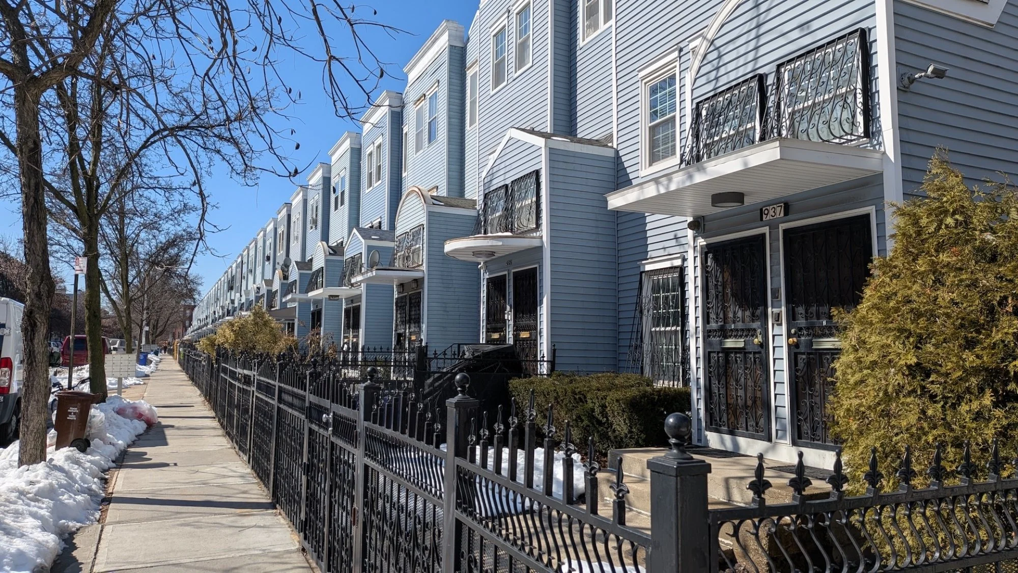A ton of bright blue houses in Brooklyn
