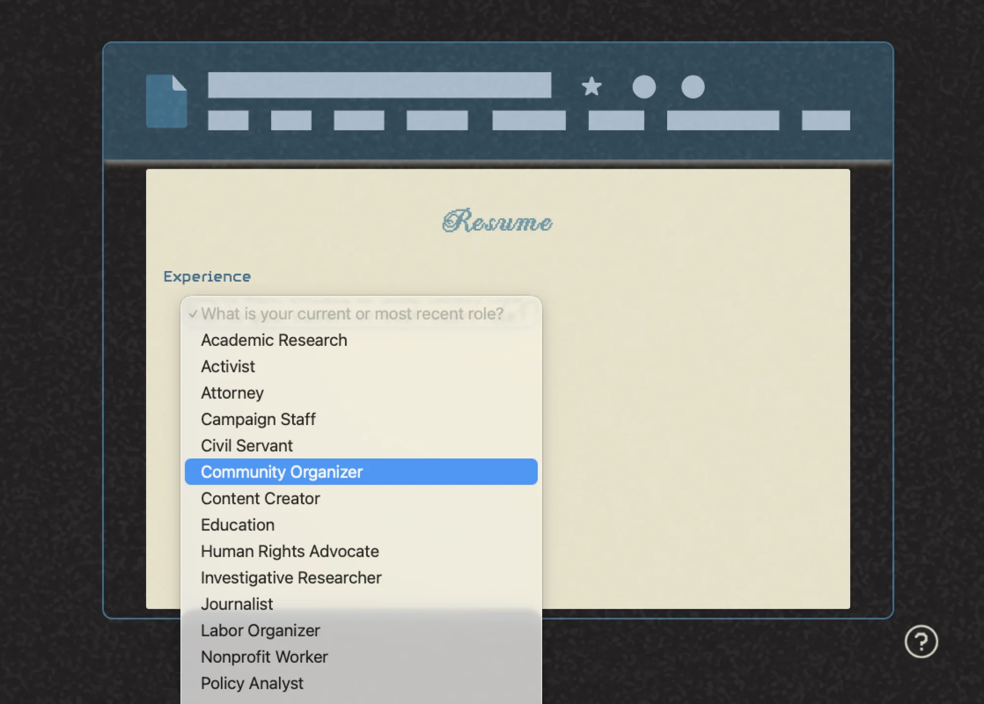A illustration of a web browser displays a Resume. A drop down menu lets the user pick their current job role. The cursor hovers over "Community Organizer."