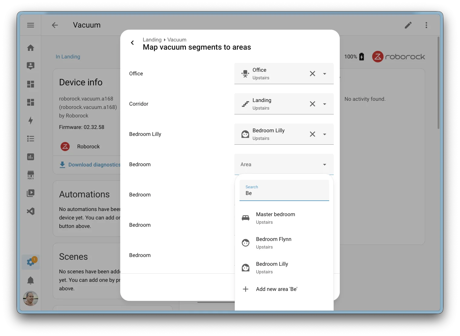 Setting up vaccuum areas in Home Assistant