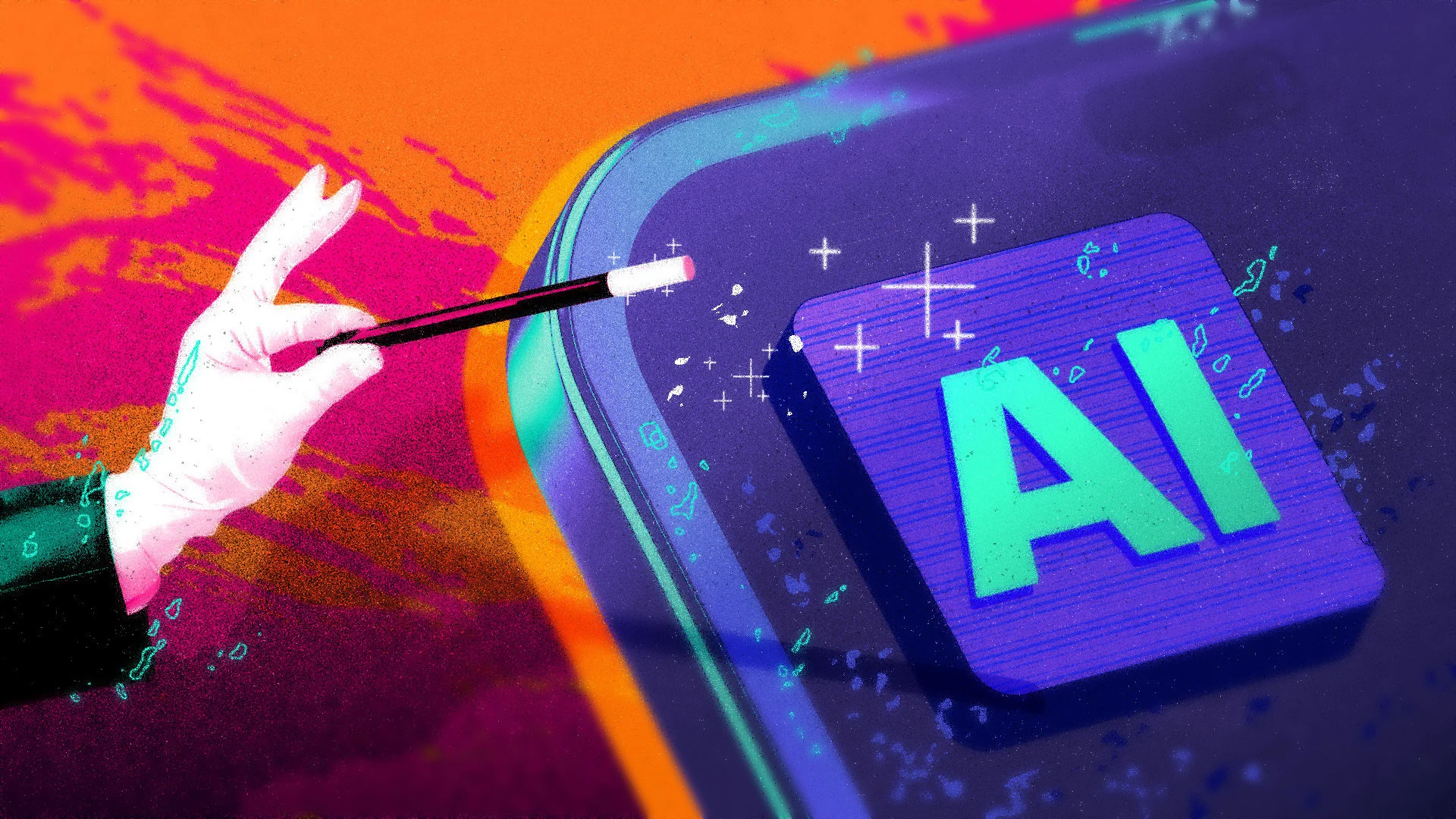 retro-style pop art showing magician tapping wand on smartphone with the word 'ai'