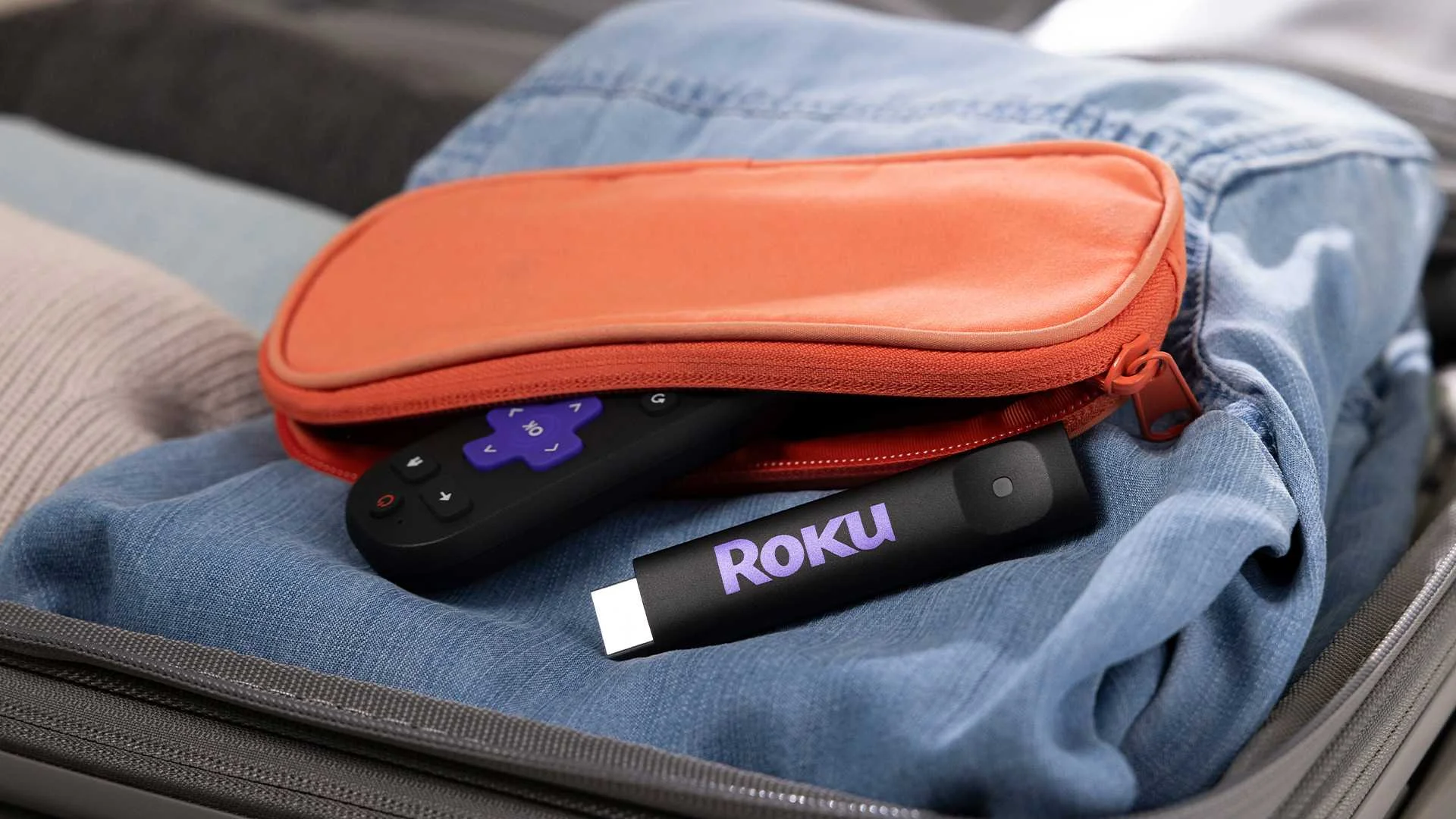 The Roku Streaming Stick in a small travel bag.