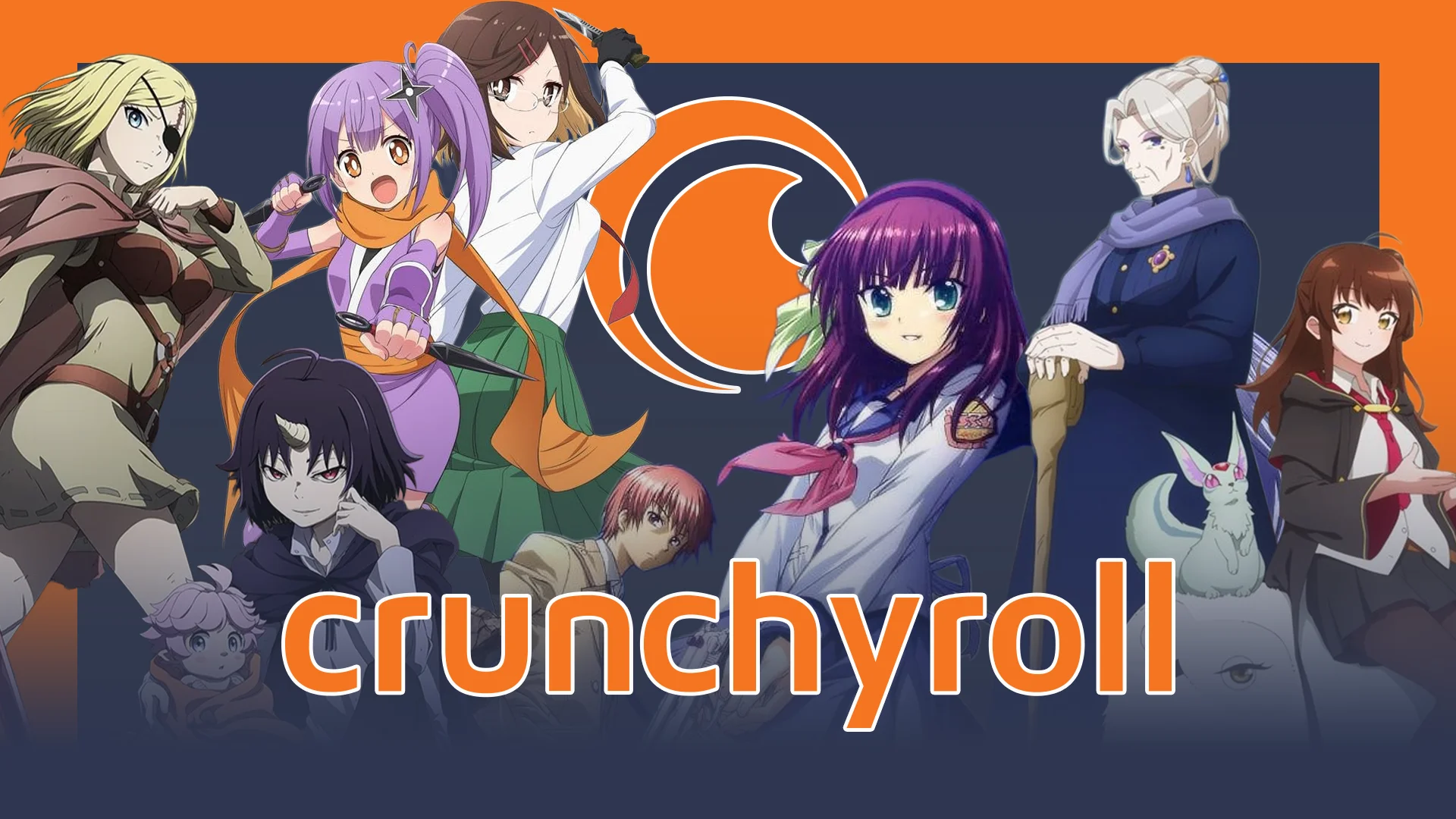 Crunchyroll logo with a lineup of anime characters standing in front of it.