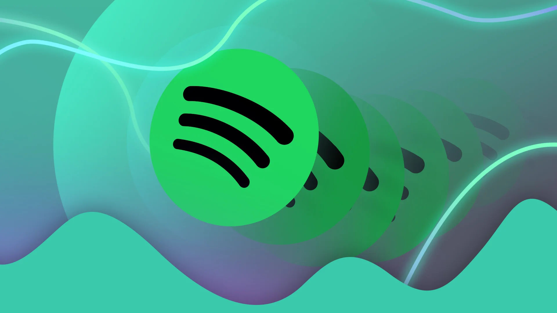 Multiple Spotify logos on an abstract background.