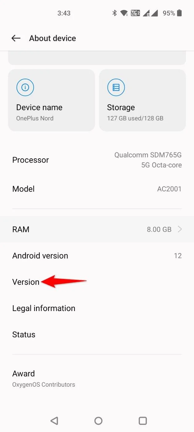 'Version' highlighted in Android Settings.
