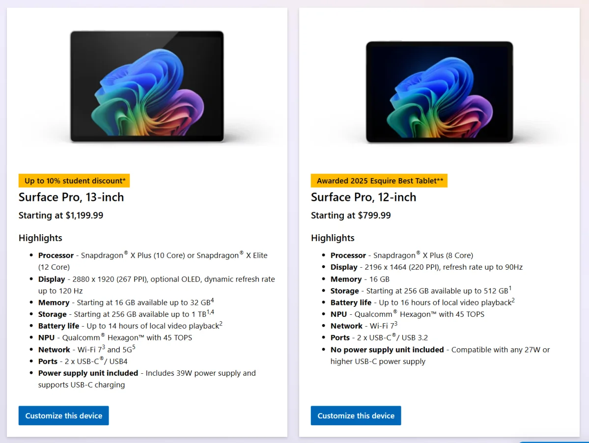 Surface Pro tablet prices