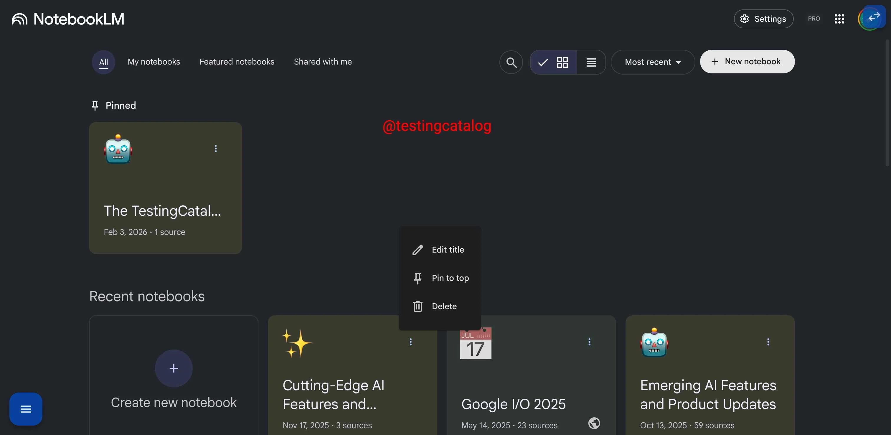 Image showing the search button and pinning capability in NotebookLM