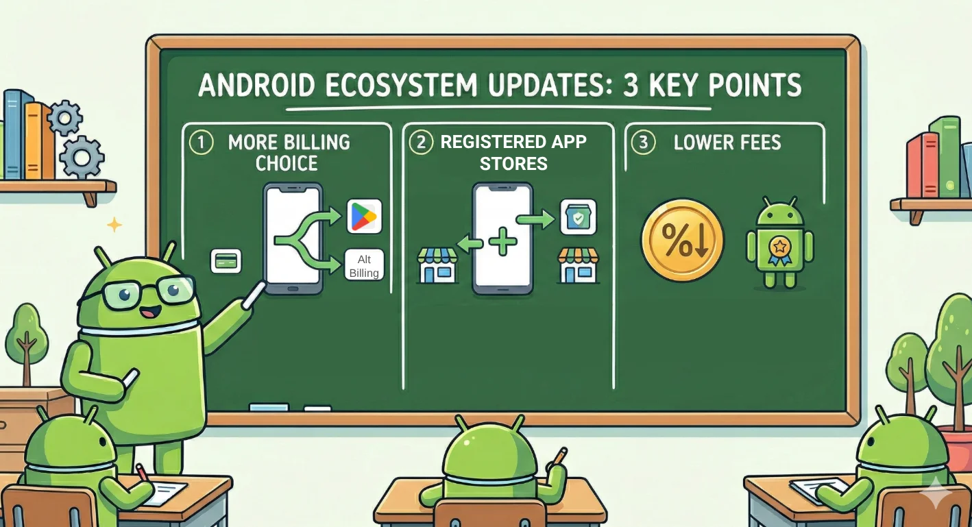 An image highlighting the Google Play store's 3 new ecosystem updates.
