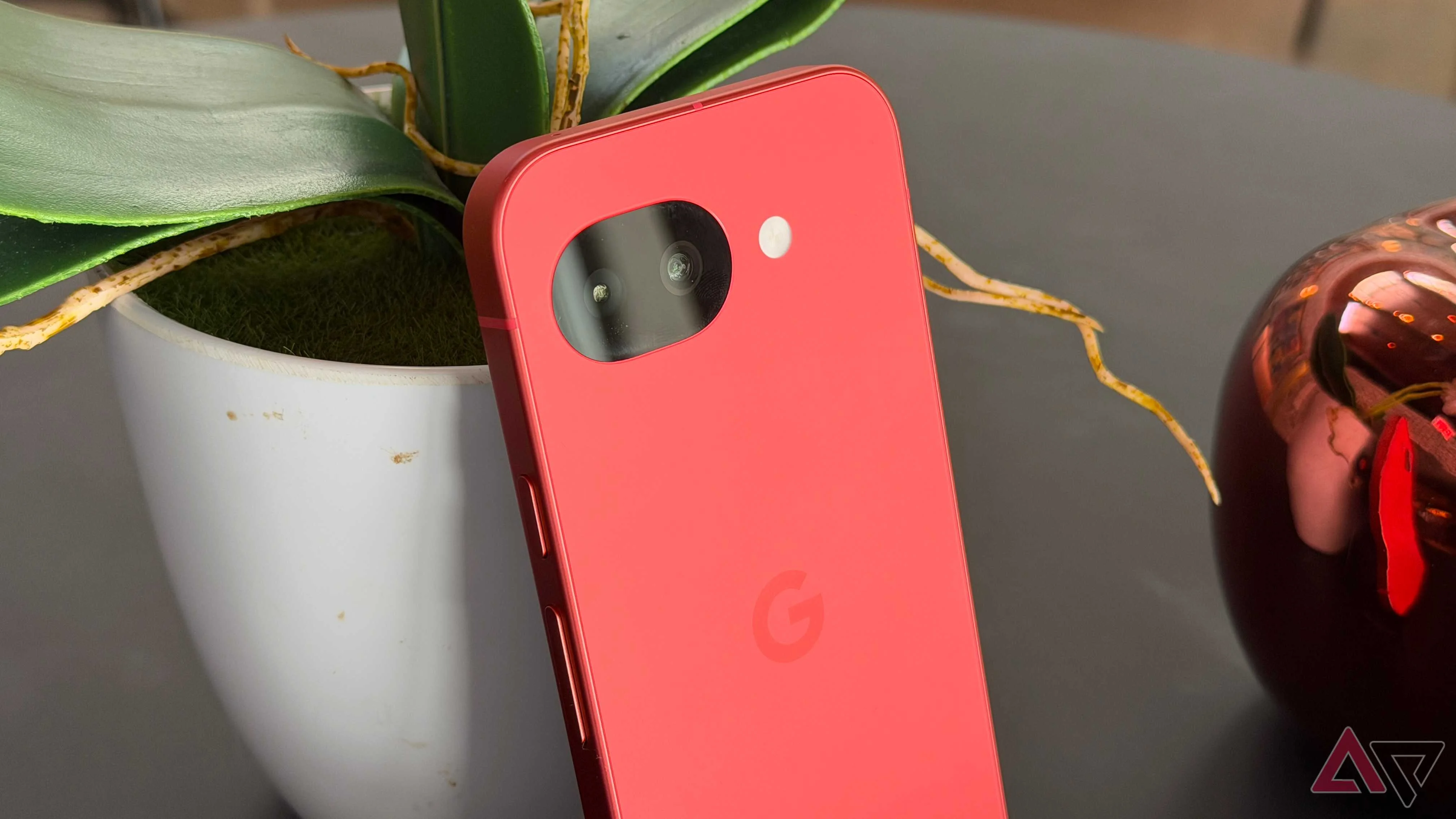 Google Pixel 10a standing up against a plant